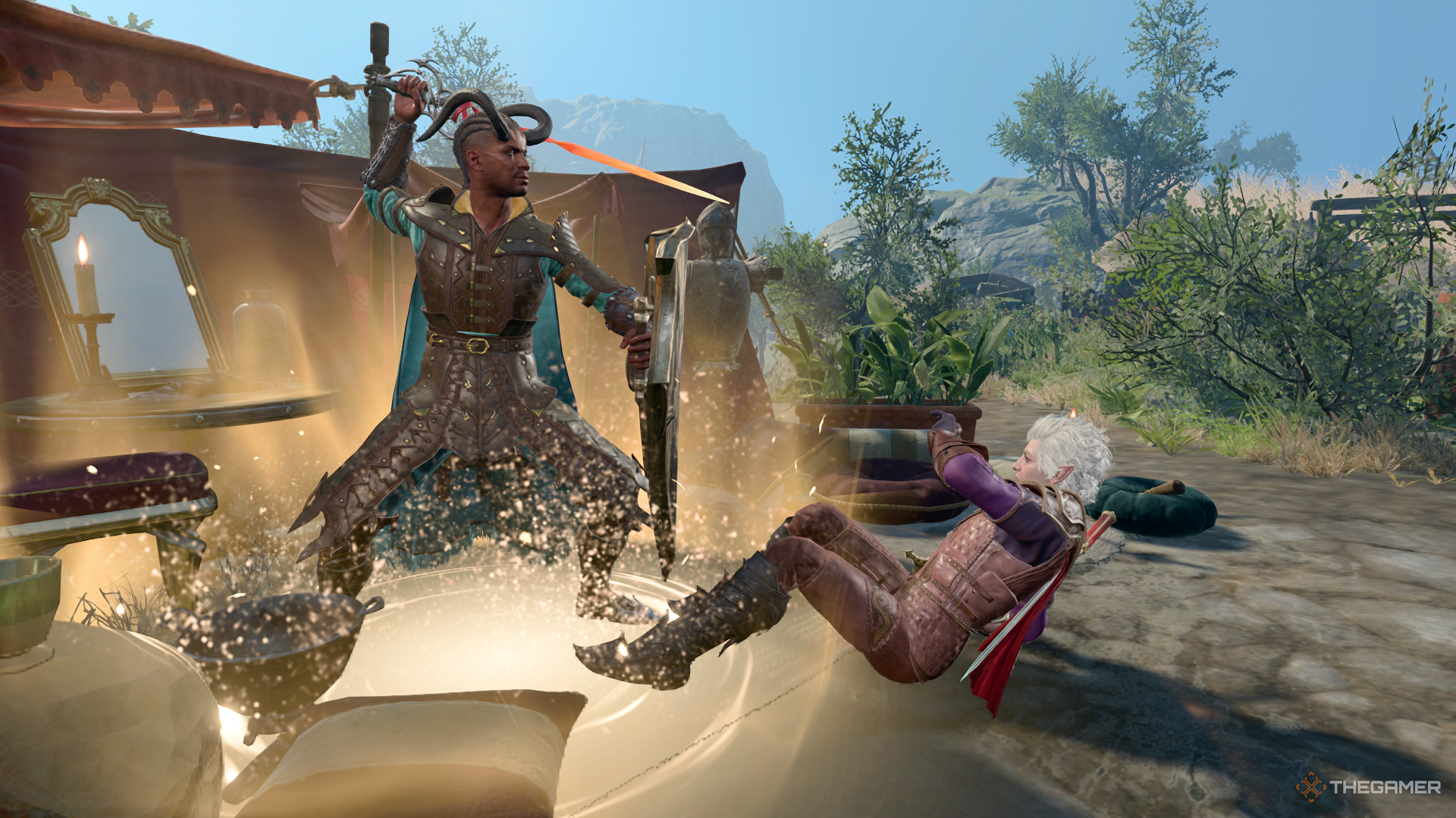 Baldur's Gate 3 image showing Wyll about to smite Astarion.