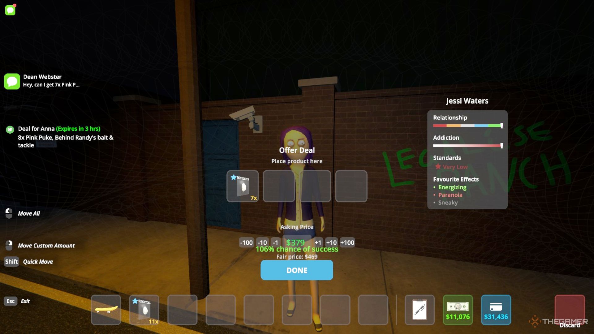 Player character making an unplanned deal with Jessi near the docks at night in Schedule 1.