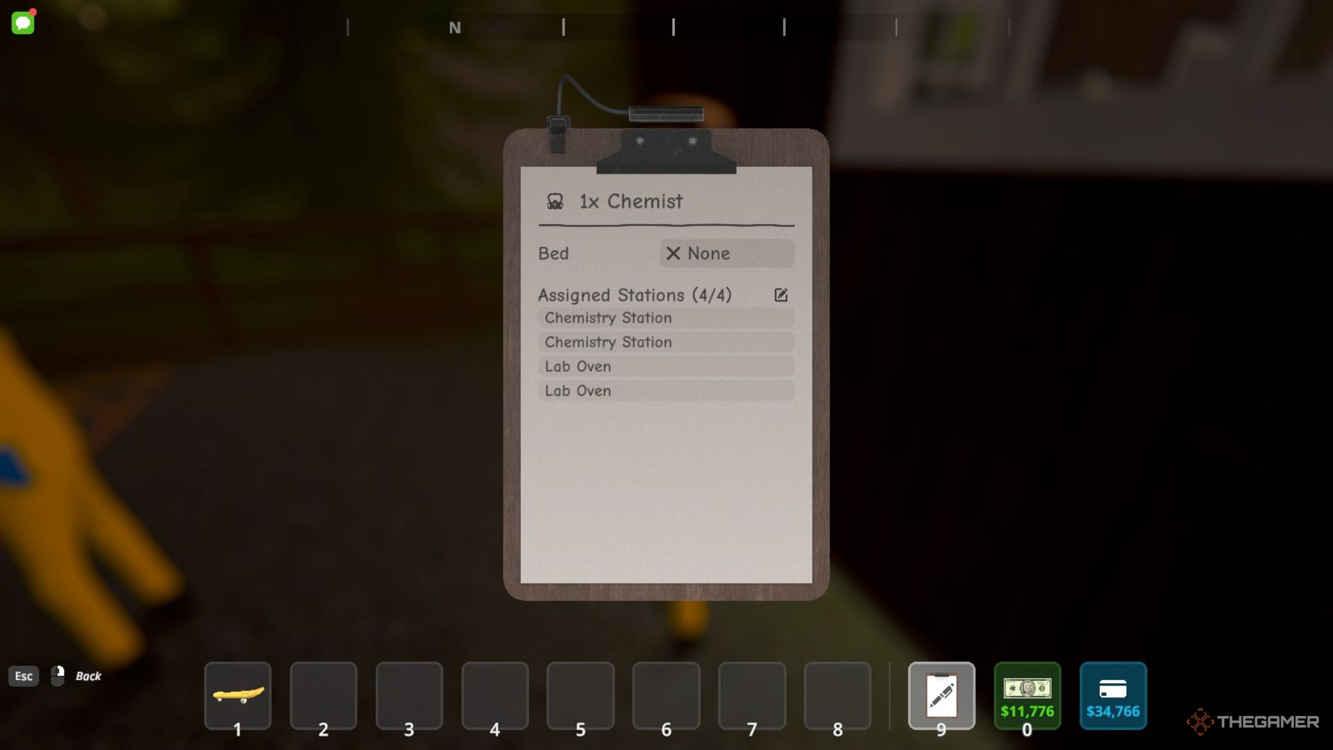 Player character looking at the Management Clipboard for a Chemist to assign them a bed in Schedule 1.