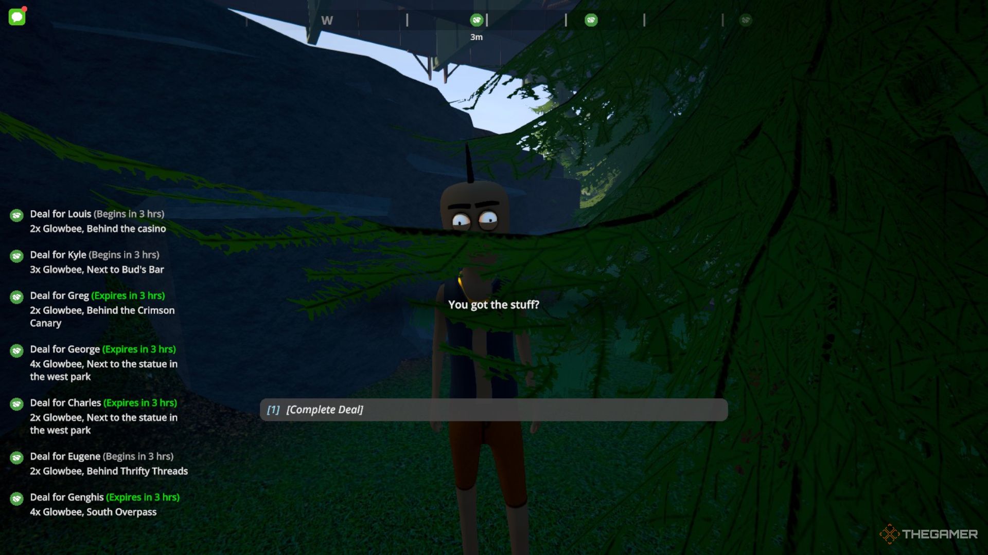 Player character making a deal with Genghis near some trees at the South Overpass in Schedule 1.