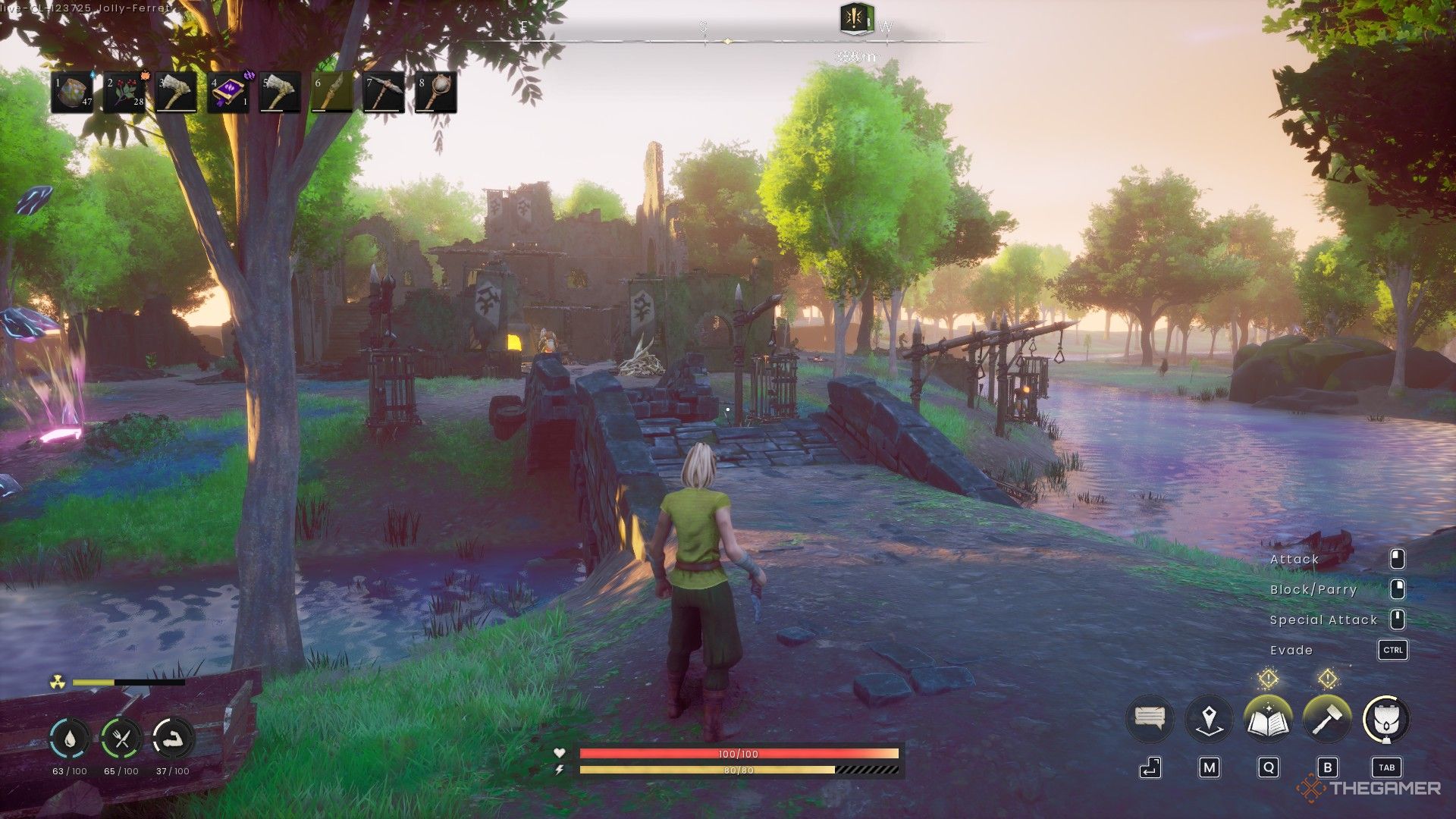 A character approaches a small stone bridge over a river in Runescape Dragonwilds.