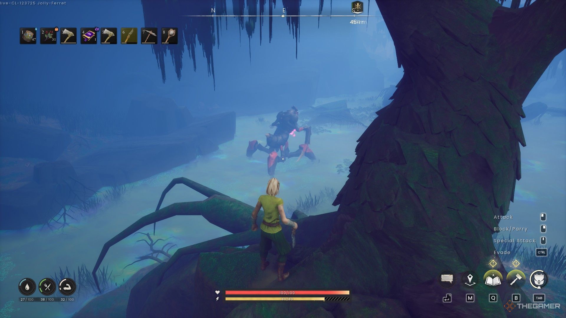 A character stands near a tree within fighting distance of an Abyssal Demon in Runescape Dragonwilds.