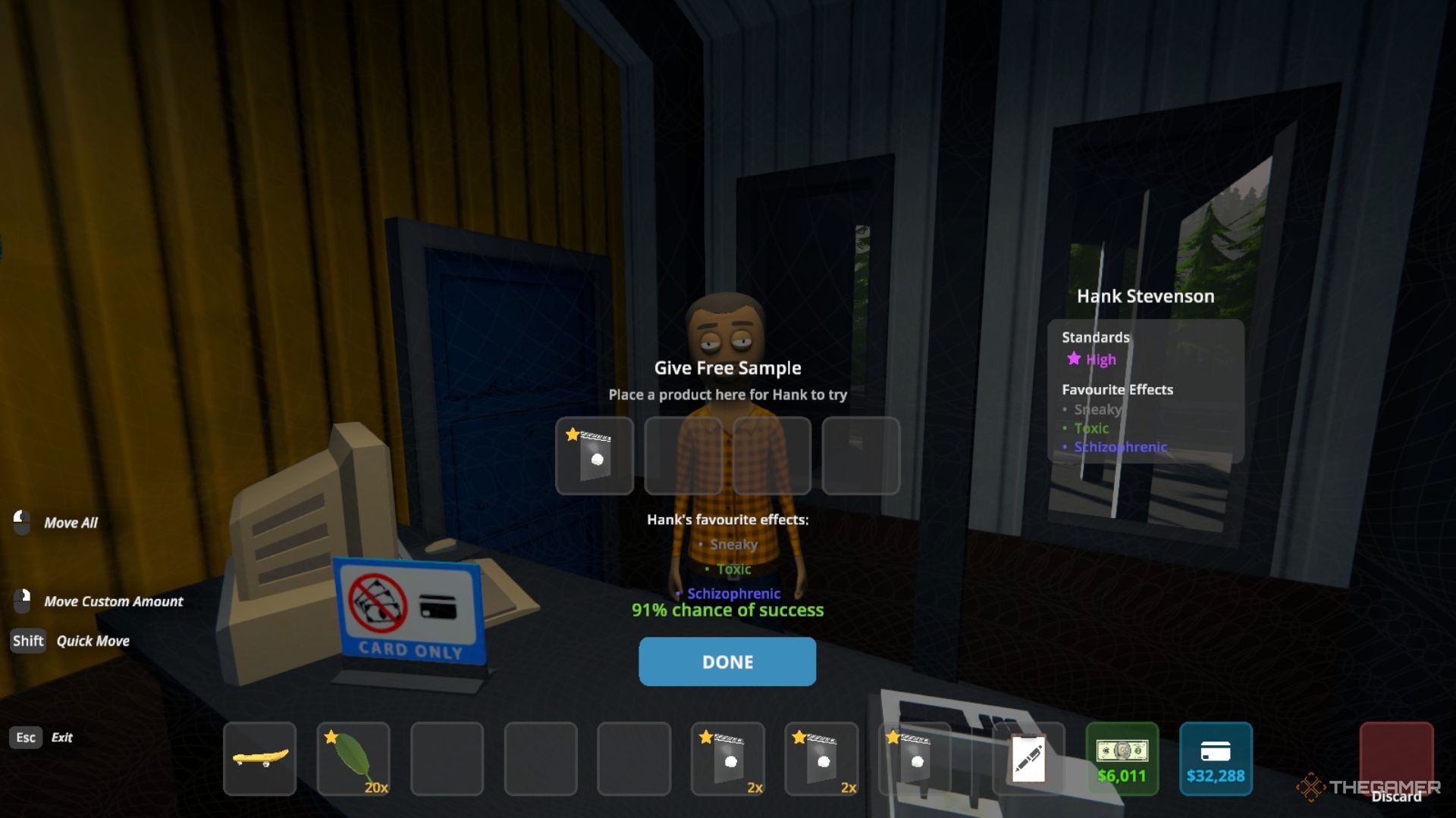 Player character offering a free sample to Hank with a great chance of success in Schedule 1.