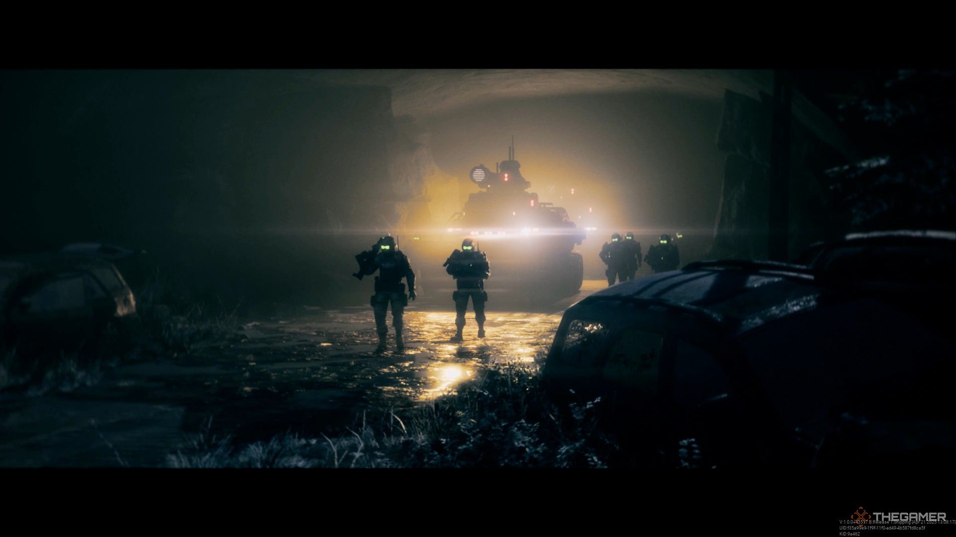Tempest Rising: A convoy of GDF soldiers walk through a murky night.