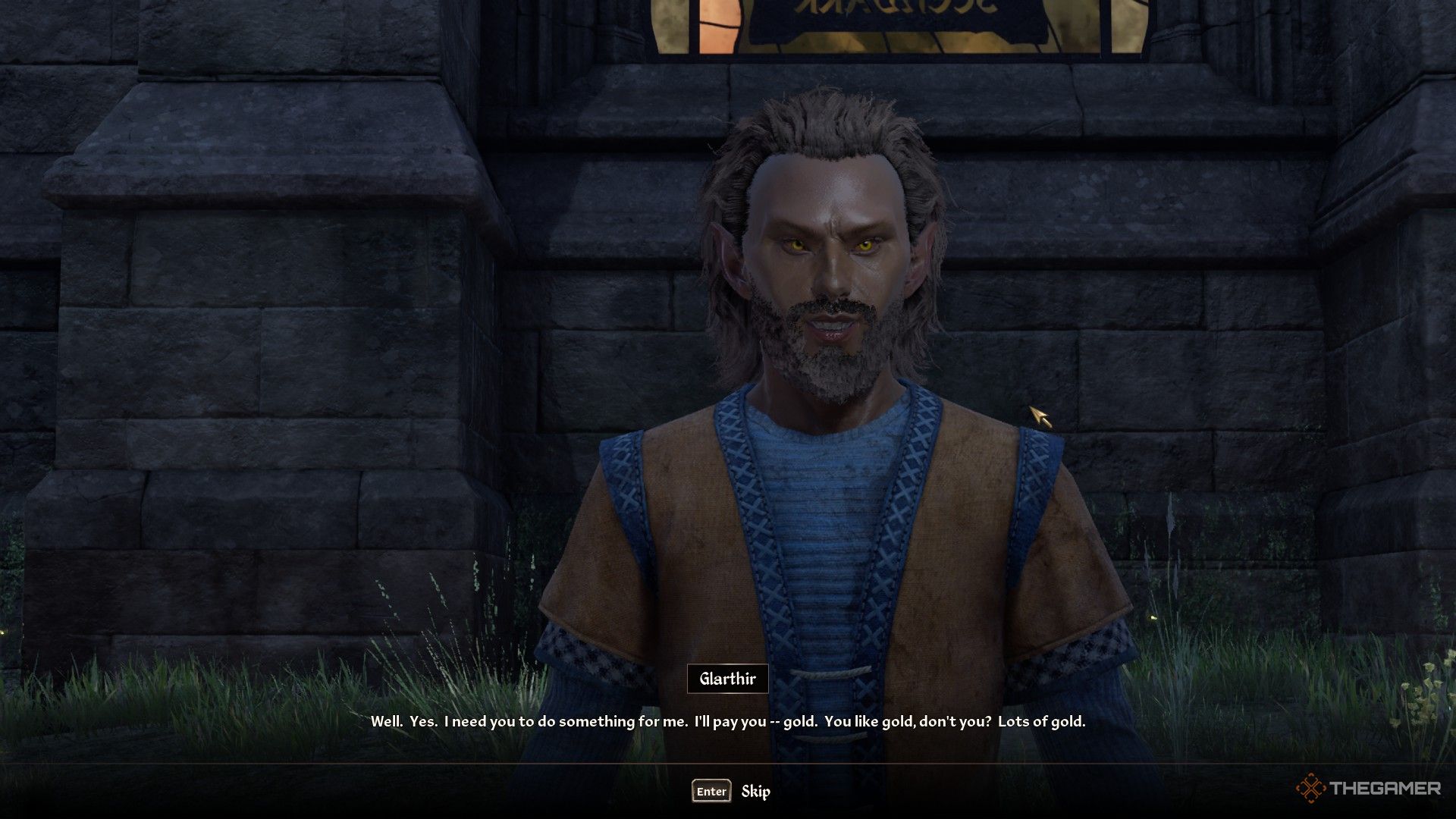 Glarthir asks the player to accept his quest behind the Great Chapel in Oblivion Remastered.