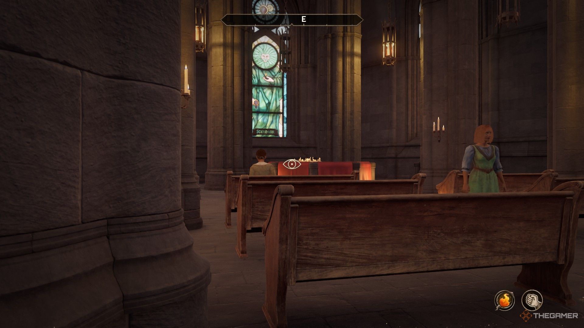 Bernadette prays in the pews of the Great Chapel in Oblivion Remastered.