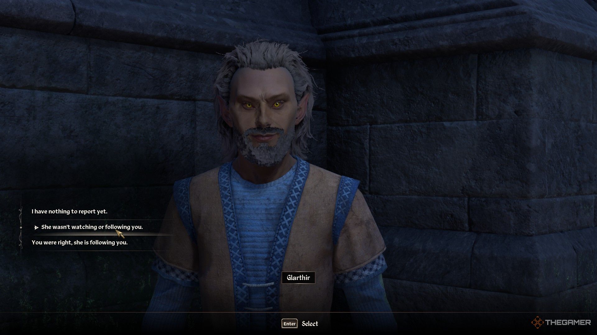 Player decides what to tell Glarthir about Bernadette's investigation in Oblivion Remastered.