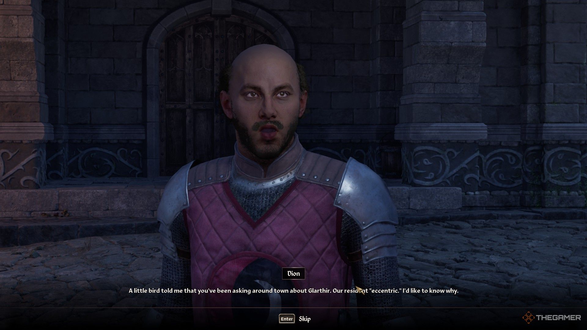 Dion asks the player why they're asking about Glarthir in Oblivion Remastered.