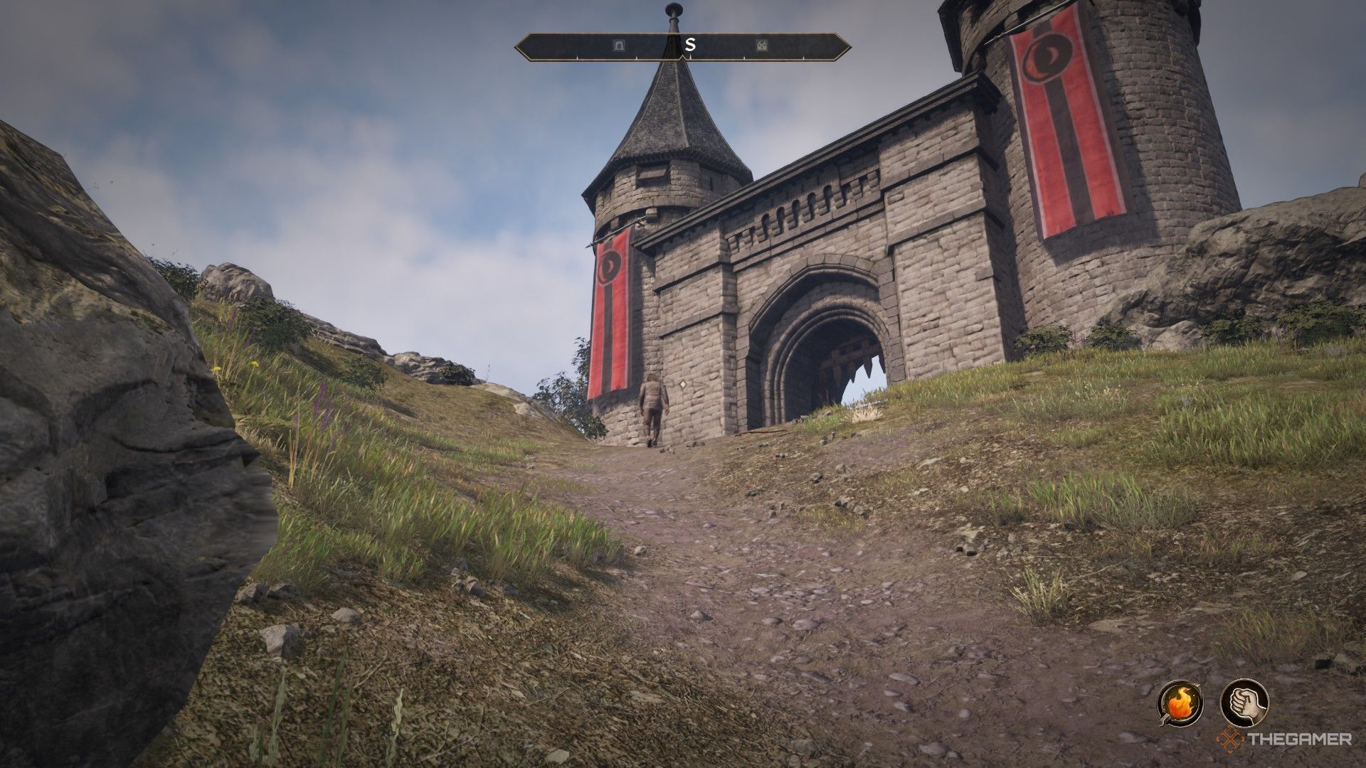 Toutius Sextius walks up the outer Skingrad road to the Castle in Oblivion Remastered.