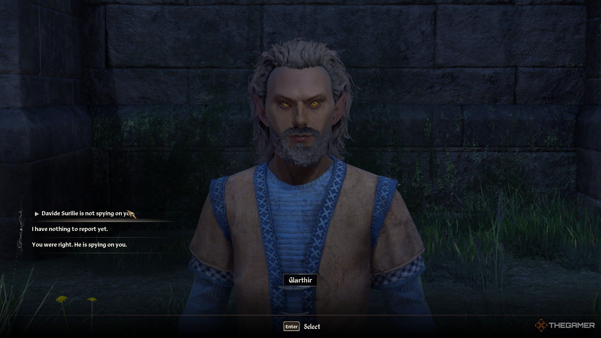 Player decides what to tell Glarthir about David Surilie in Oblivion Remastered.