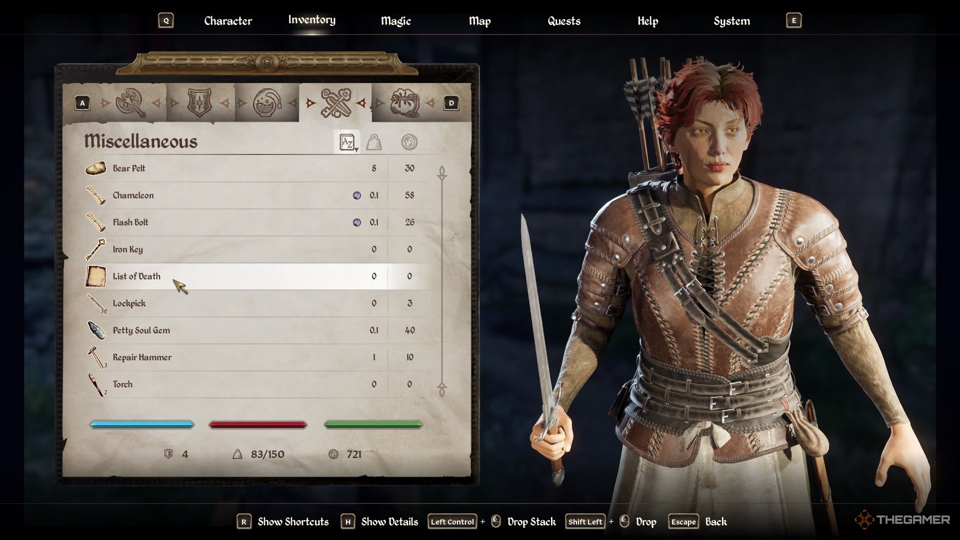 Player inspects the Death List item in their inventory in Oblivion Remastered.