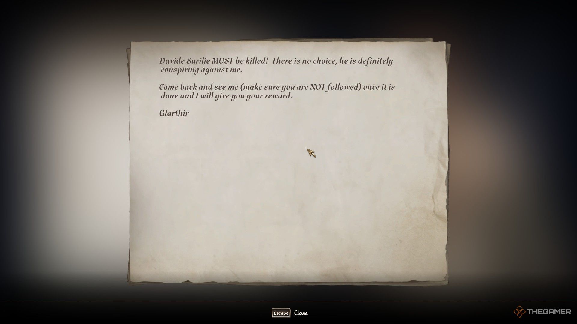 Player reads the Death List from Glarthir in Oblivion Remastered.