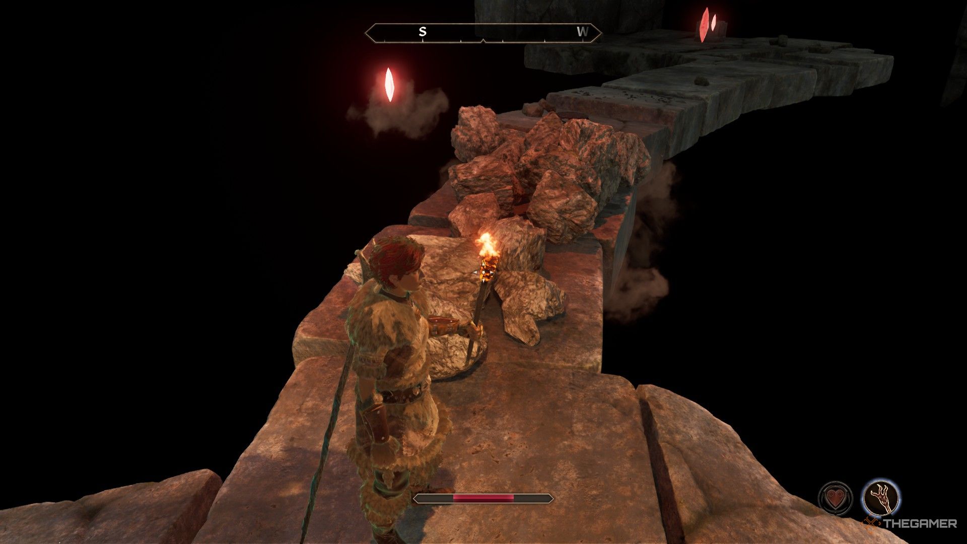 Player looks back at fallen rocks that struck them in the nightmare in Oblivion Remastered.