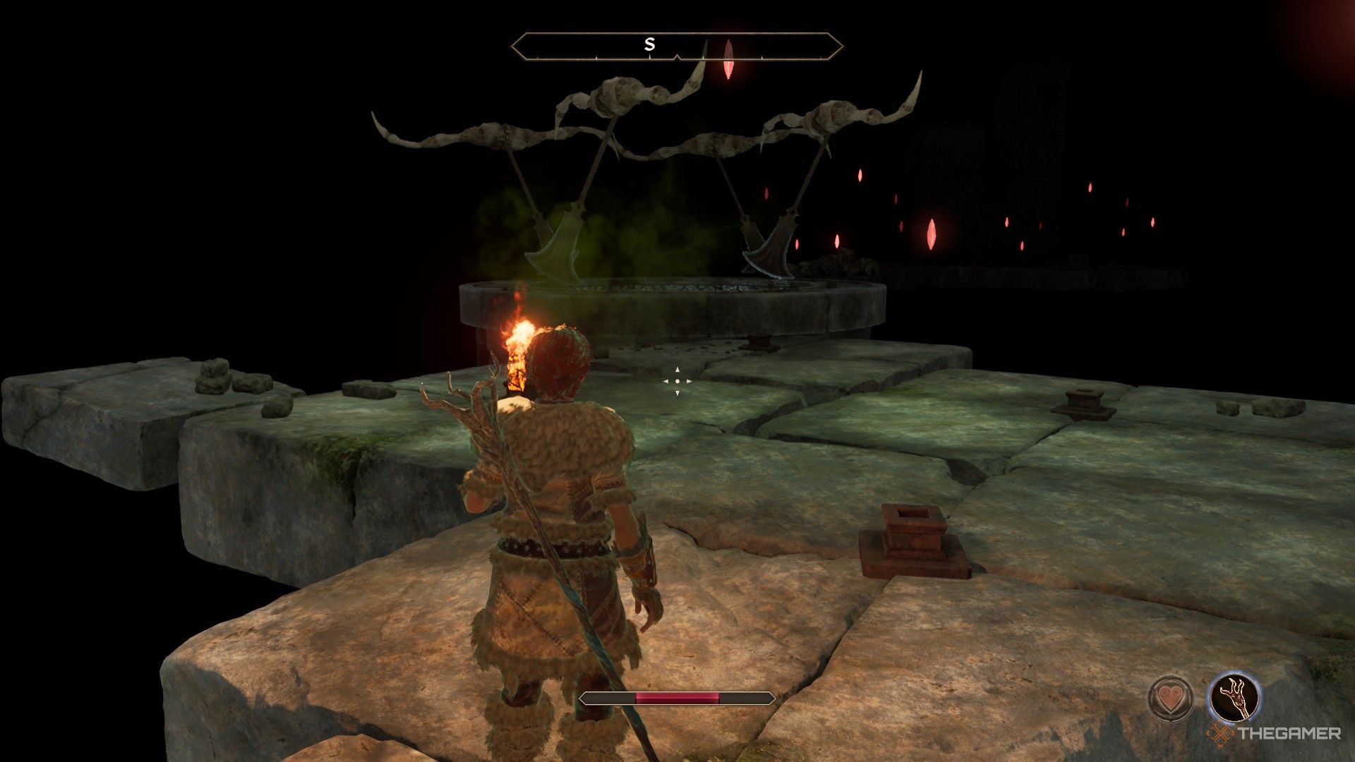 Player looks back at the swinging azes and a set of poison traps in the nightmare in Oblivion Remastered.