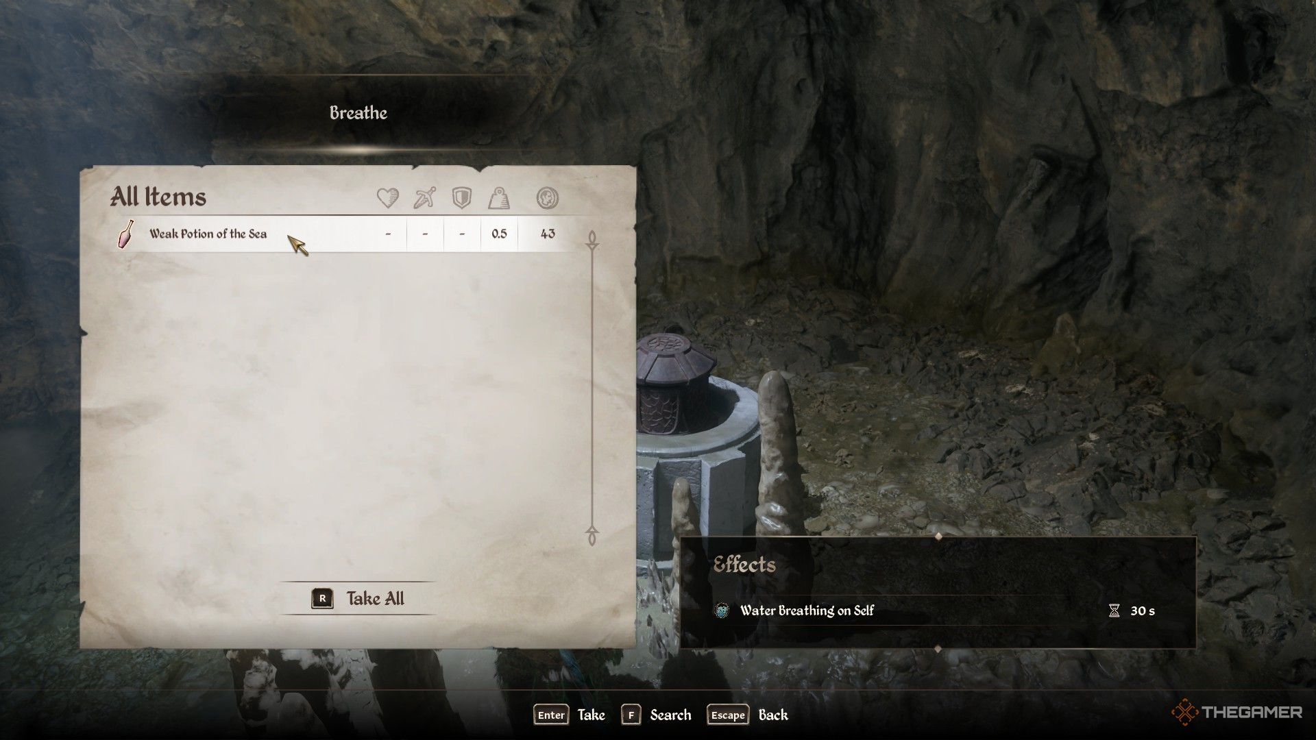 Player picks up the Weak Potion of the Sea from the Breathe chest in Oblivion Remastered.