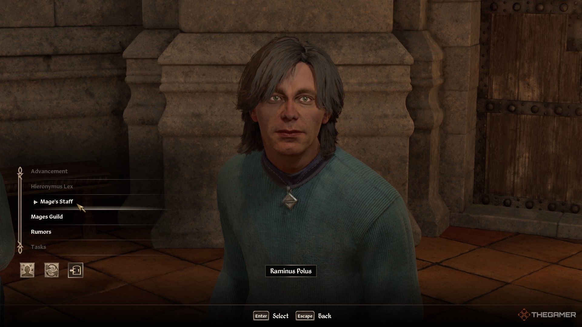 Player talks to Raminus Polus about a Mage's Staff in Oblivion Remastered.