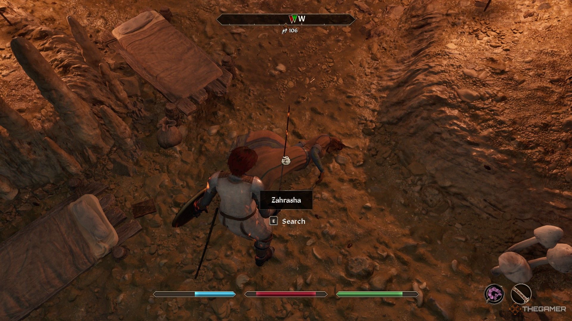 Player finds the dead body of Zahrasha in Wellspring Cave in Oblivion Remastered.