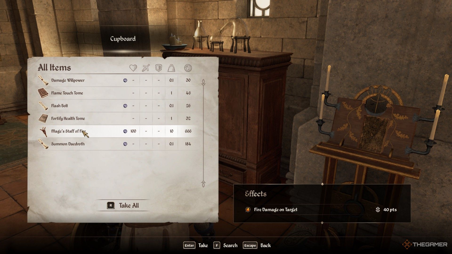 Player takes out their free Mages' Staff of Fire from the dresser in Oblivion Remastered.