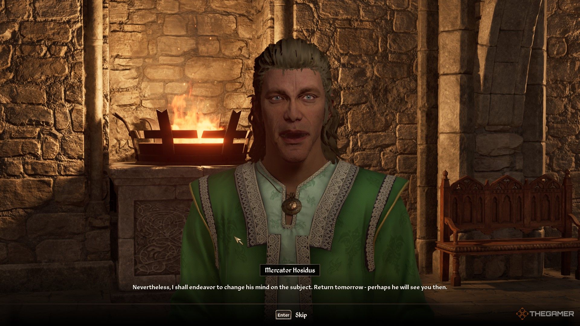Mercator tells the player to come back again tomorrow in Oblivion Remastered.