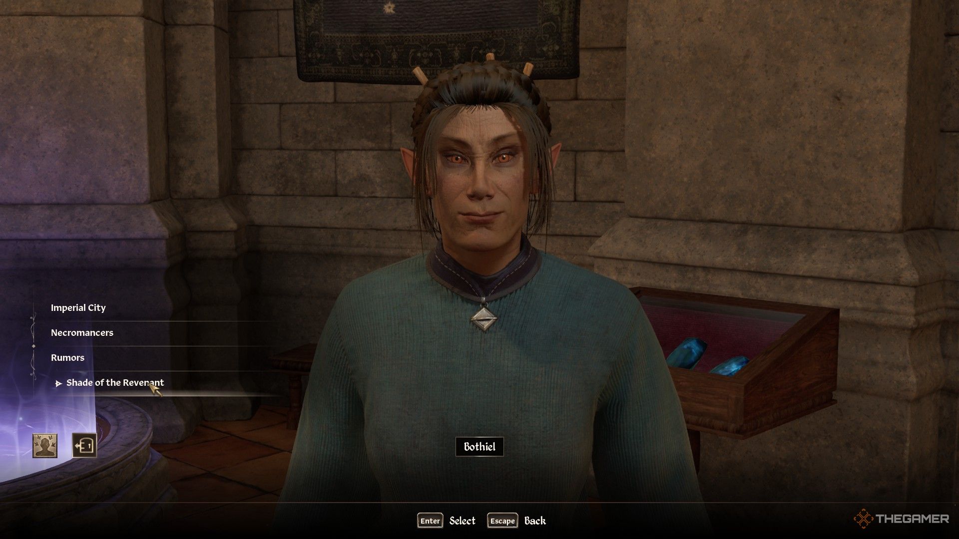 Player talks to Bothiel about the Shade of the Revenant in Oblivion Remastered.