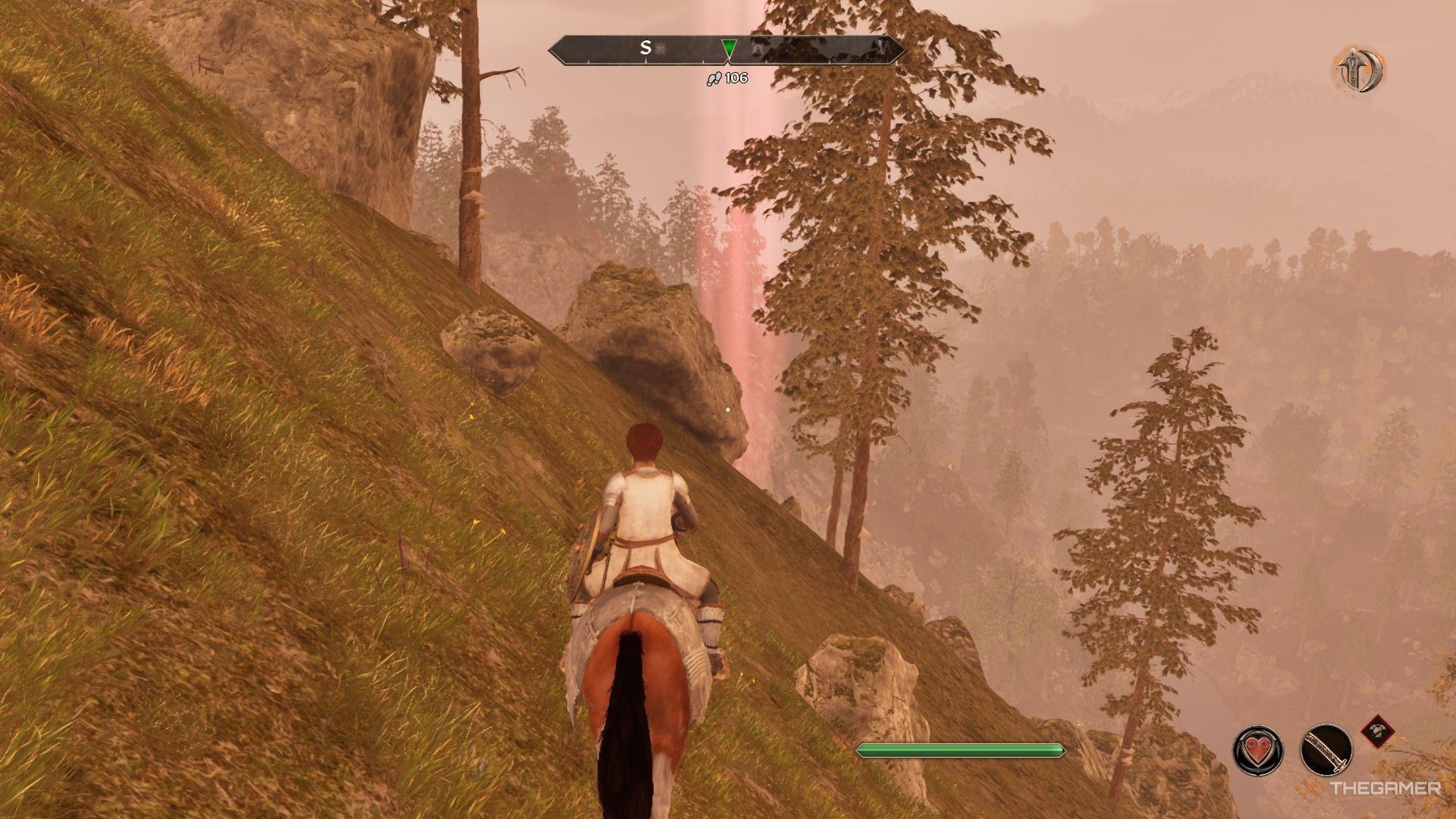 Player riding the Armored Old Nag spies a purple light from a necromancer's ritual in Oblivion Remastered.