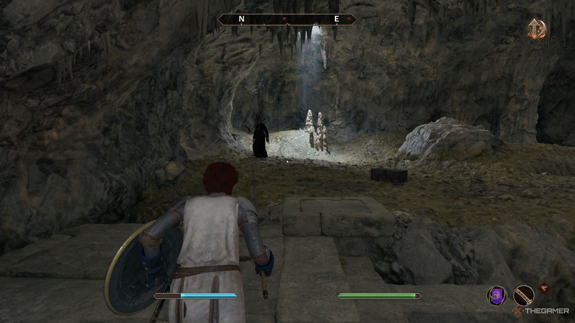 Player sneaks up on a necromancer in Dark Fissure Cave in Oblivion Remastered.