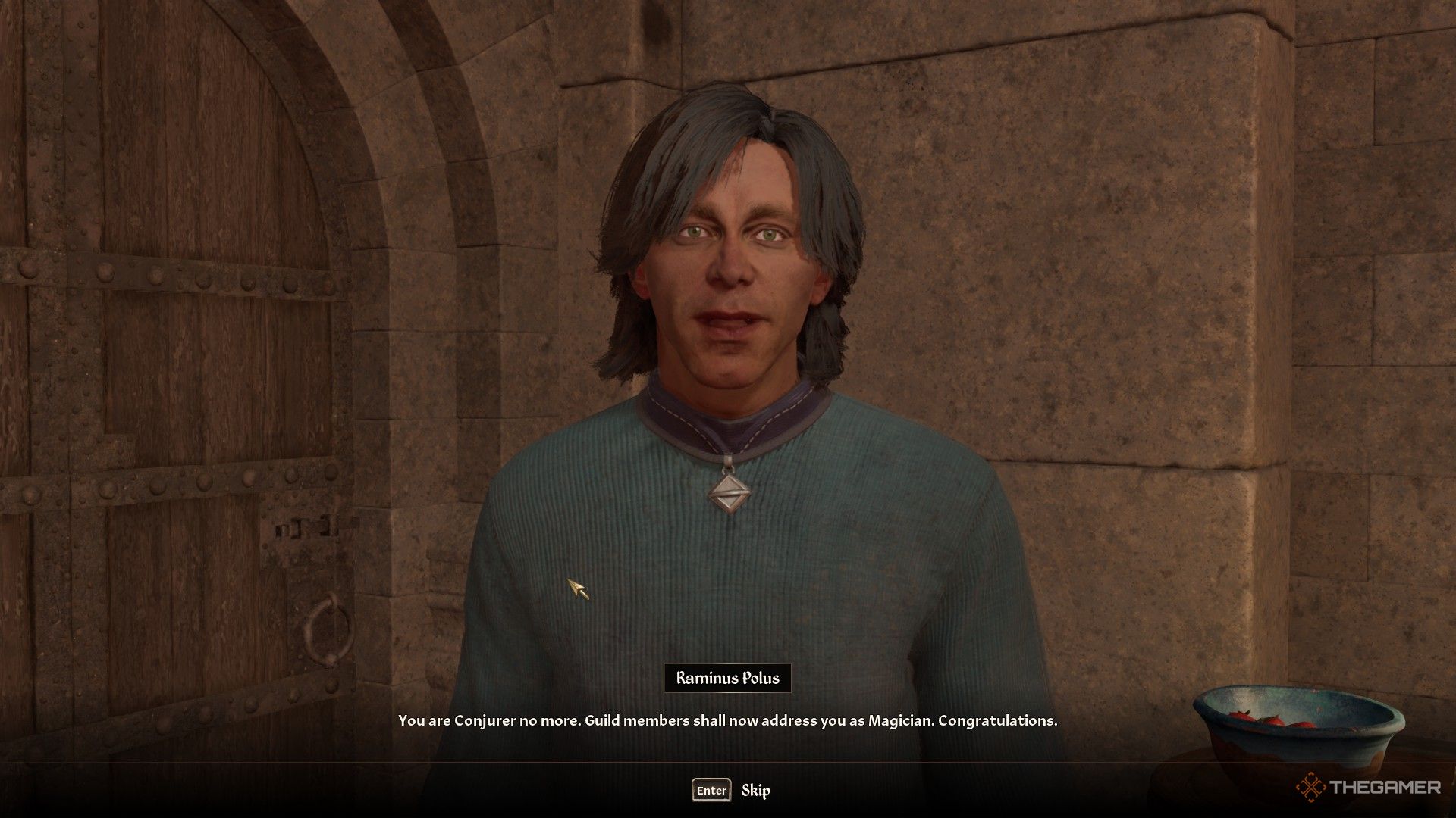 Raminus congratulates the player on becoming a Magician rank sorcerer in Oblivion Remastered.