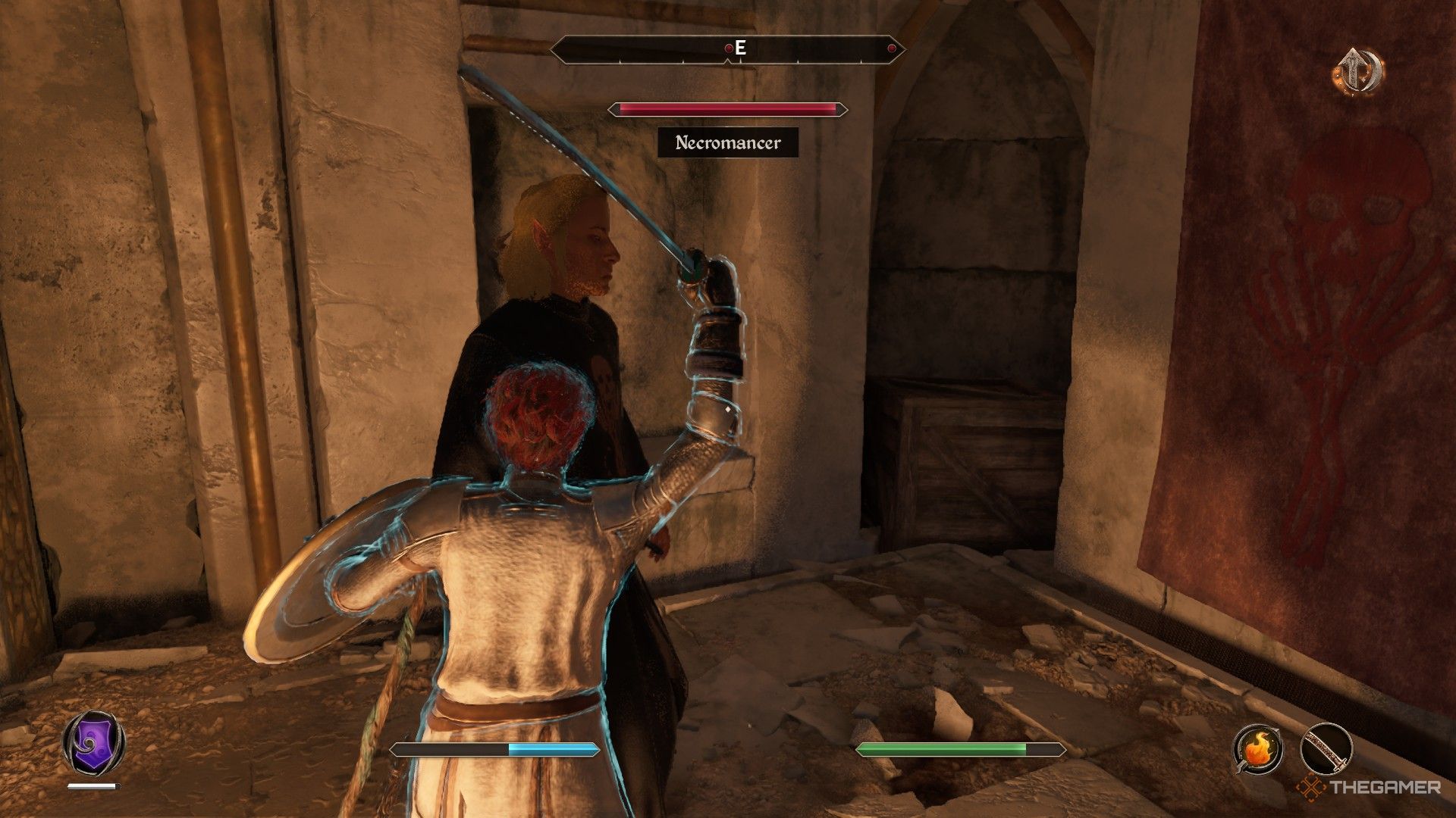 Player raises their sword to fight a necromancer in Oblivion Remastered.