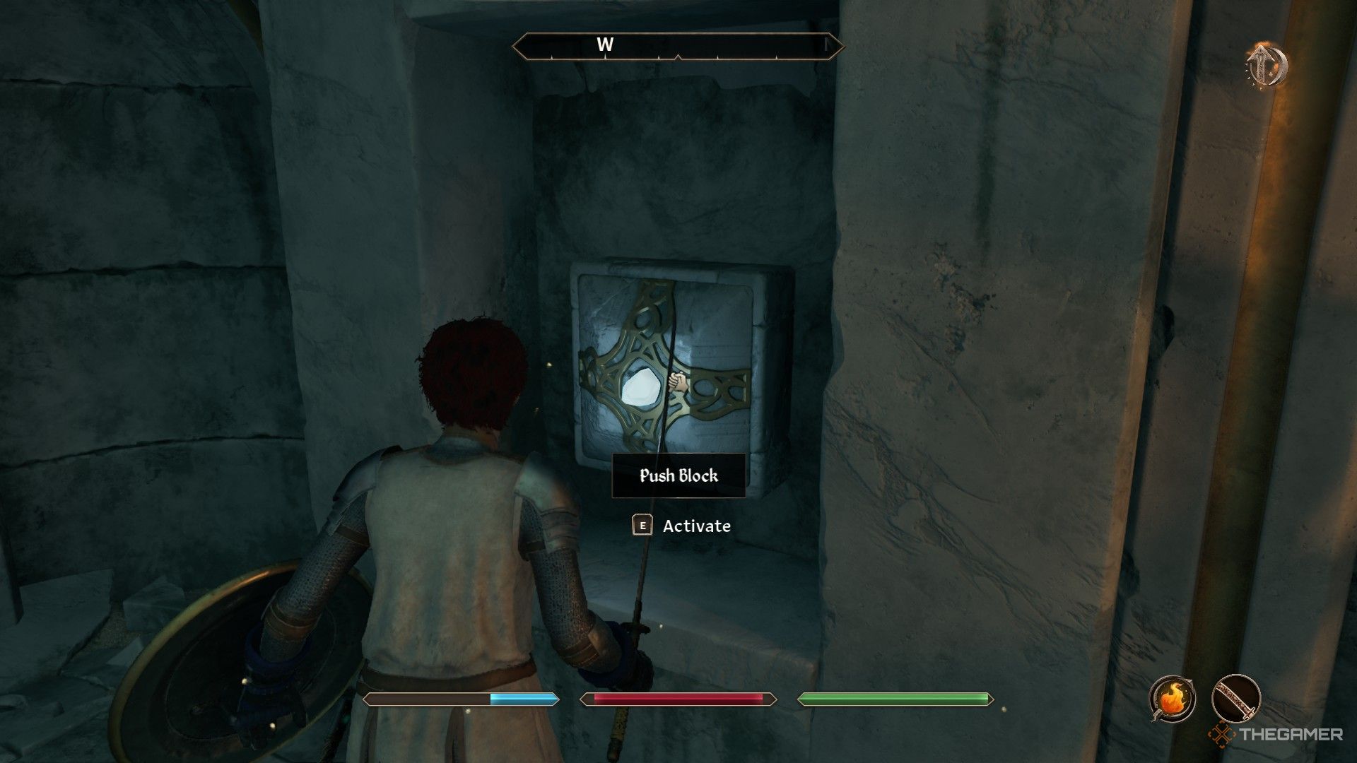 Player pushes in a block to open a door to Mucianus in Oblivion Remastered.