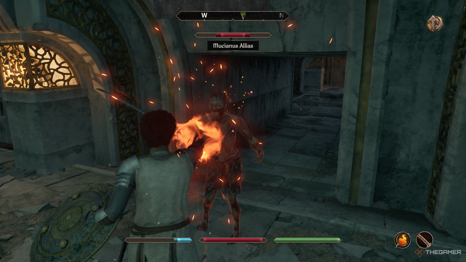 Player casts a Flame Touch spell against Mucianus in Oblivion Remastered.