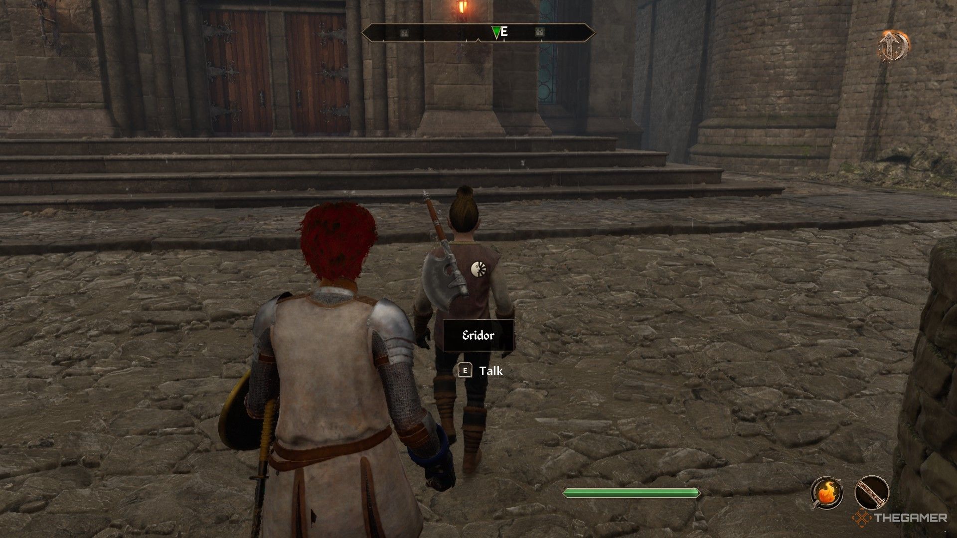 Player finds Eridor the vampire hunter walking outside the Skingrad Great Chapel in Oblivion Remastered.