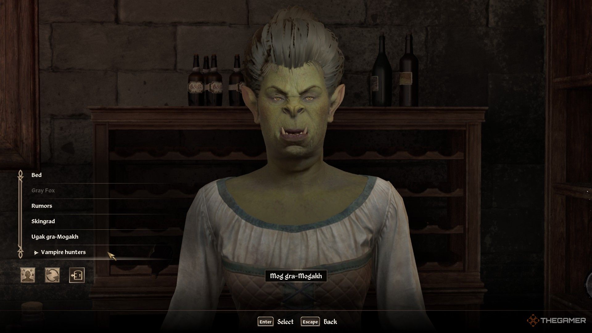 Player ask tavern-owner Mog gru-Mogakh about the vampire hunters in Oblivion Remastered.