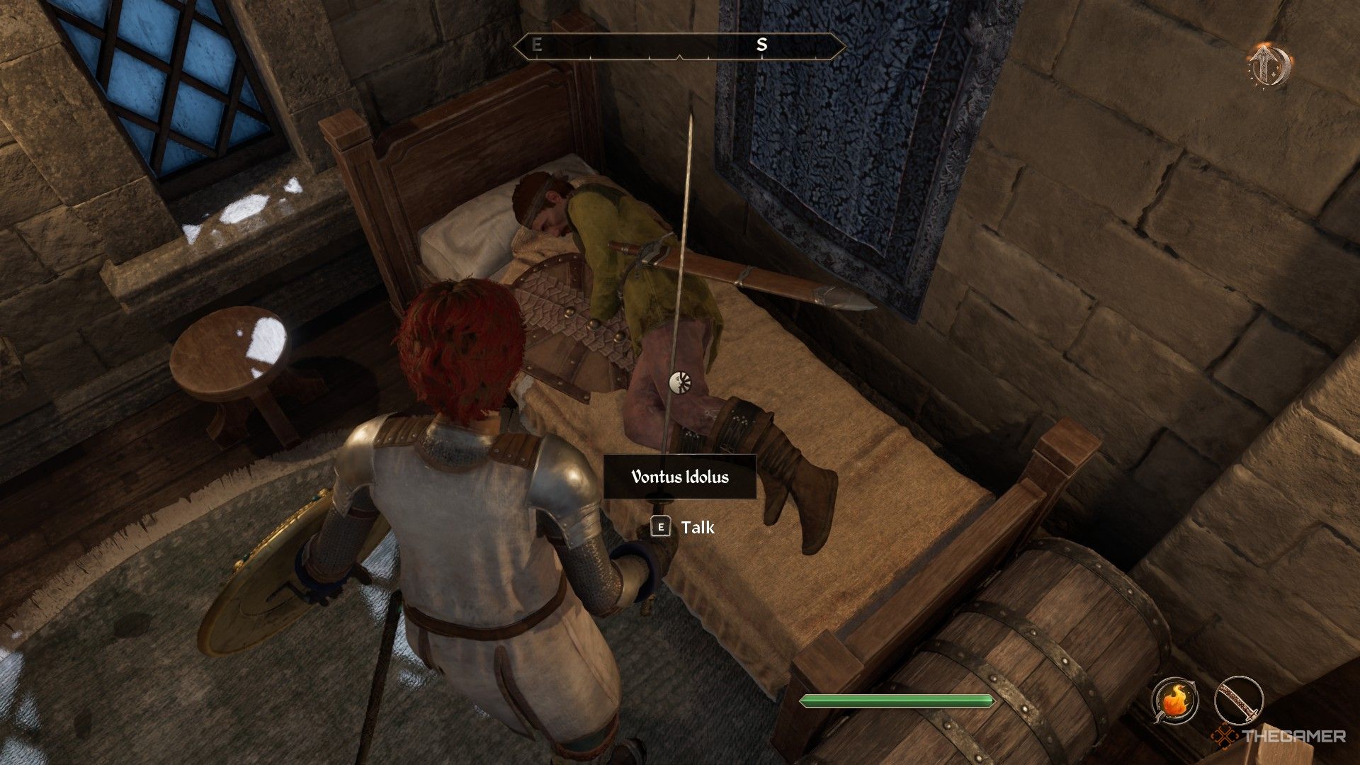Player finds a vampire hunter sleeping in bed and prepares to strike in Oblivion Remastered.