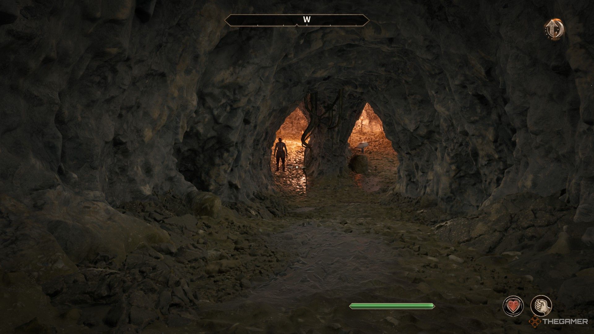 Player sees a vampire guarding the entrance of Bloodcrust Cavern in Oblivion Remastered.