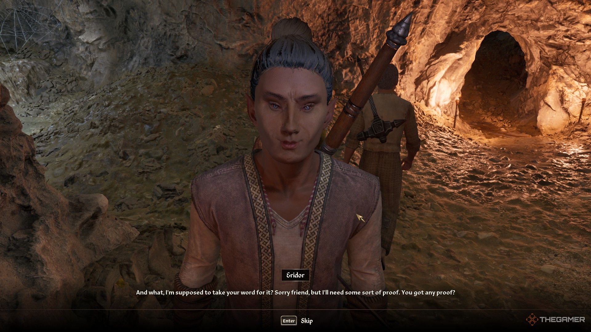 Eridor asks the players for proof the vampires are slain as he stands on a vampire's body in Oblivion Remastered.