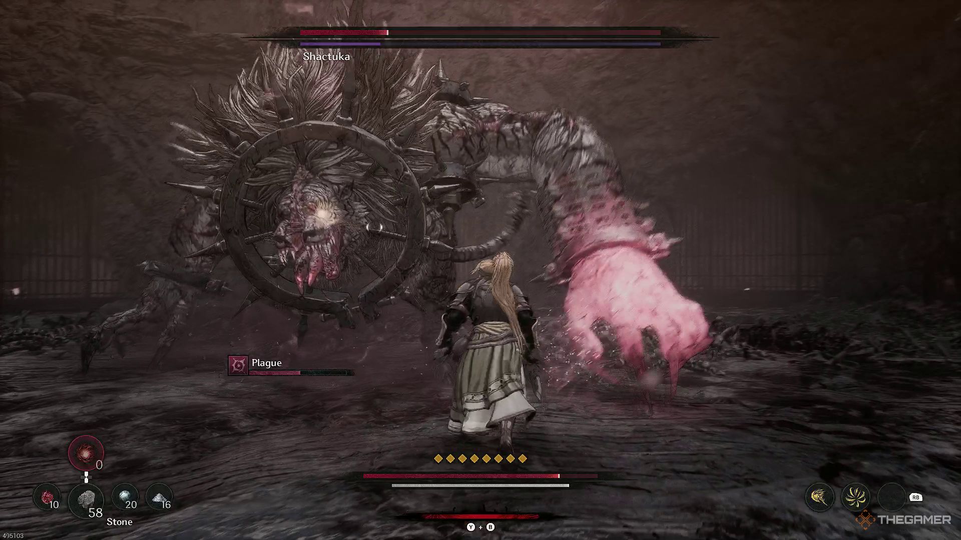 The image shows Shactuka's pink hand in The First Berserker: Khazan.