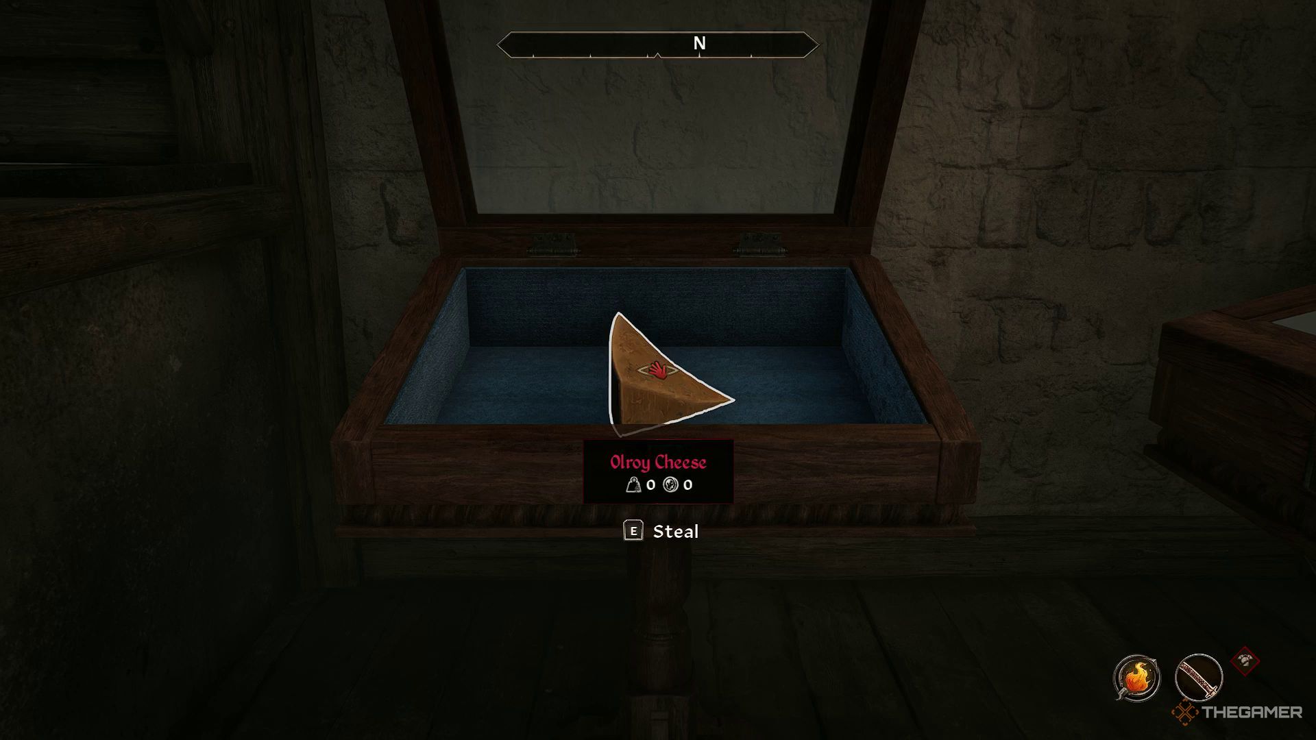 Player is about to steal Olroy Cheese in Oblivion Remastered.