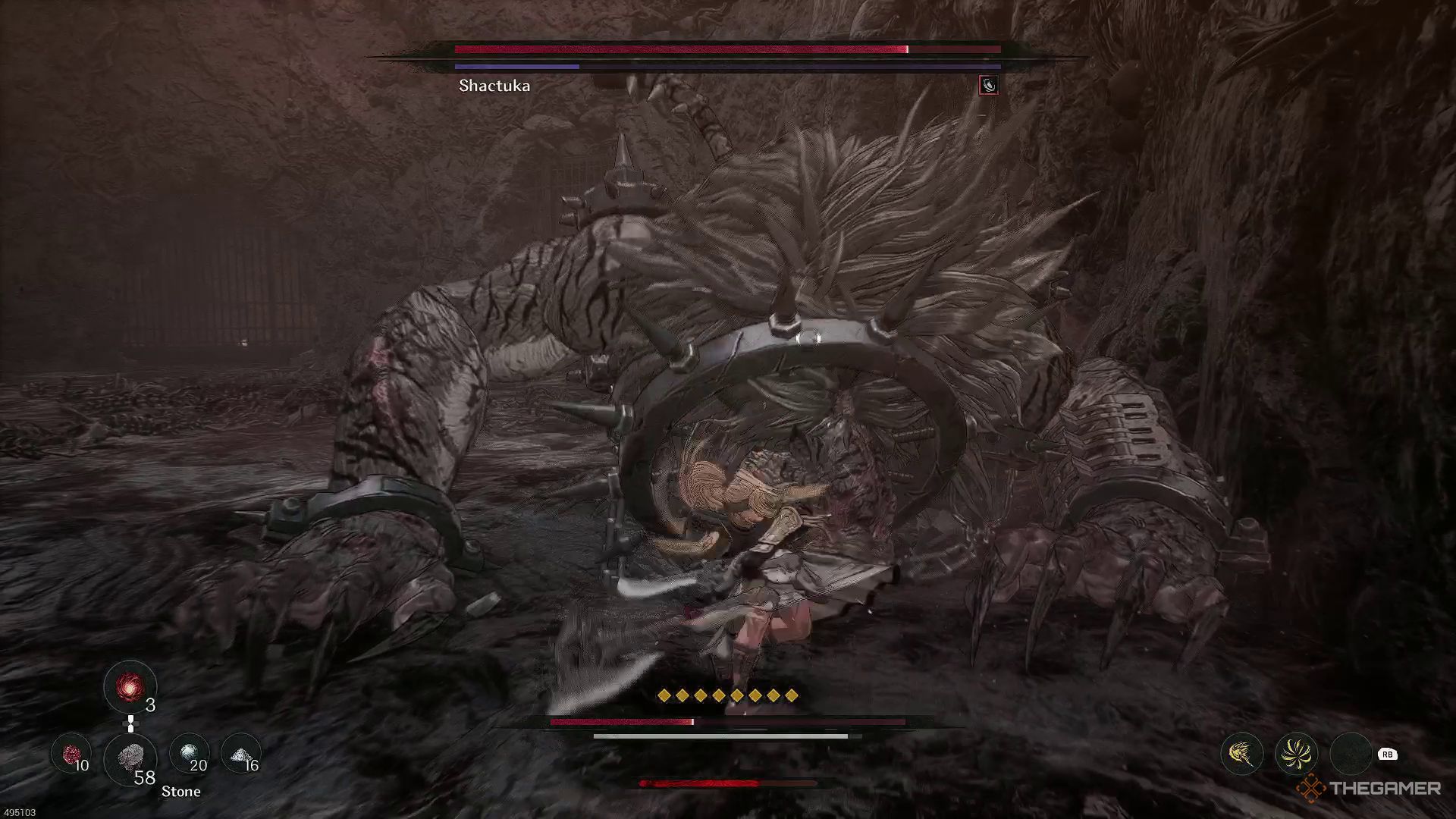 The image shows Shactuka lying on the ground in The First Berserker: Khazan.