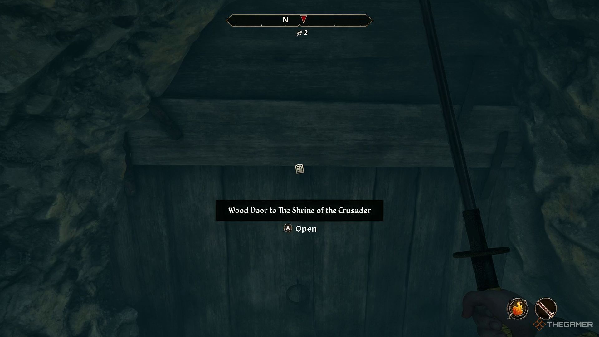 Wooden door leading to the Shrine of the Crusader in Oblivion Remastered.