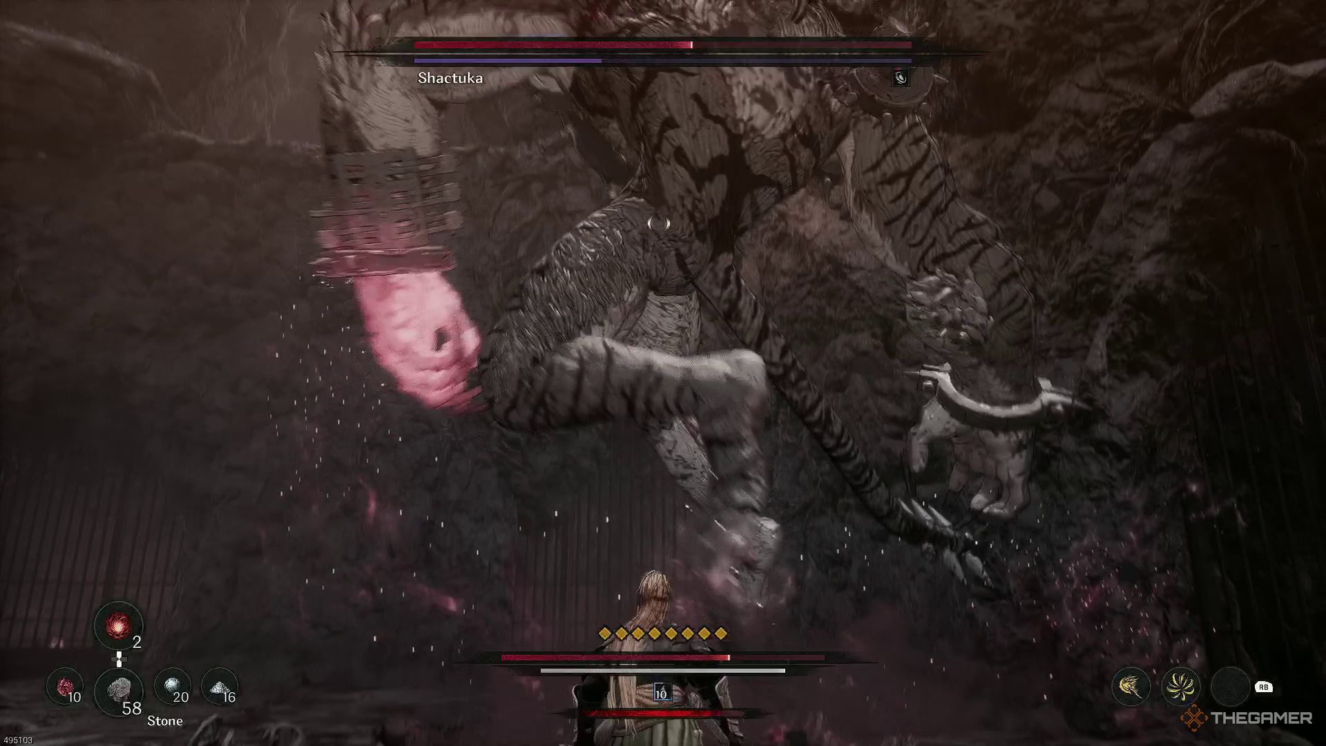 The image shows Shactuka jumping into the air in The First Berserker: Khazan.