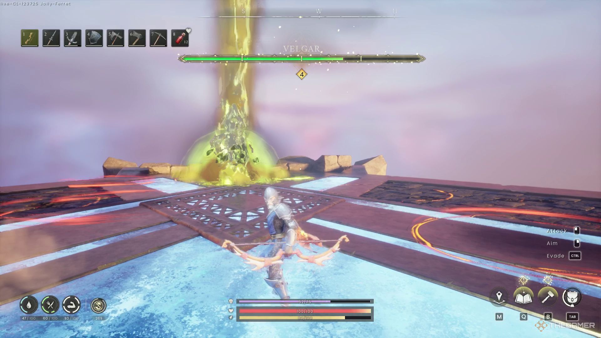 Velgar flies in the sky, raining down poison on the tower in Runescape: Dragonwilds.