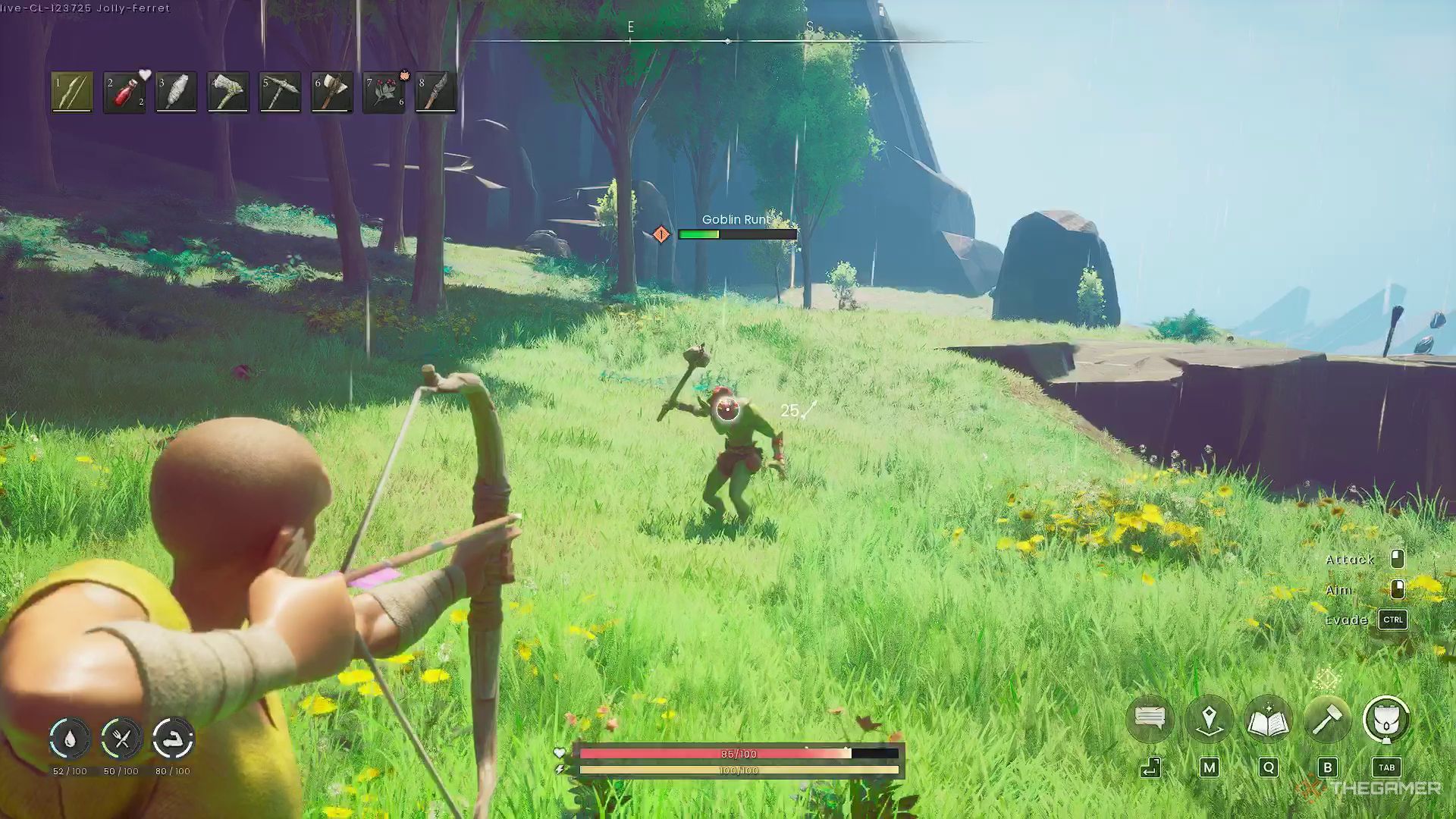 The player is aiming the bow at a Goblin in Runescape: Dragonwilds.
