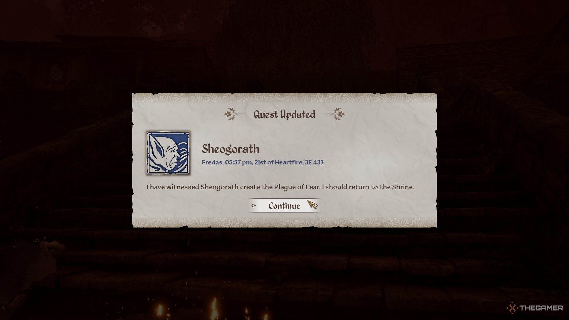 Quest log entry, asking the player to return to Sheogorath's shrine in Oblivion Remastered.