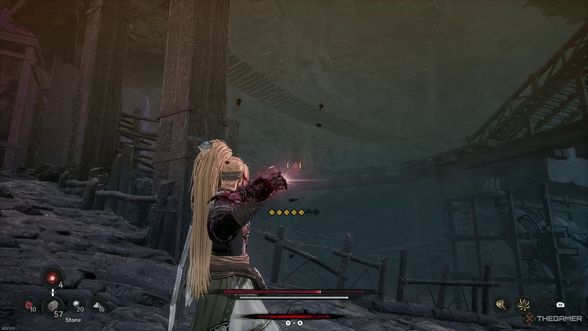 The image shows Khazan aiming at the second Soul Stone of Linon Mines with a Javelin in The First Berserker: Khazan.