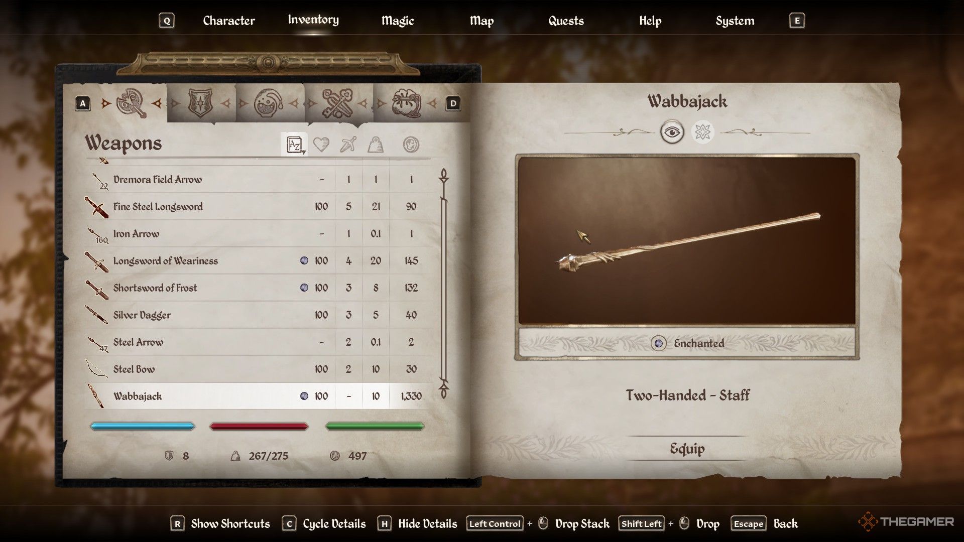 Wabbajack in the player's inventory in Oblivion Remastered.