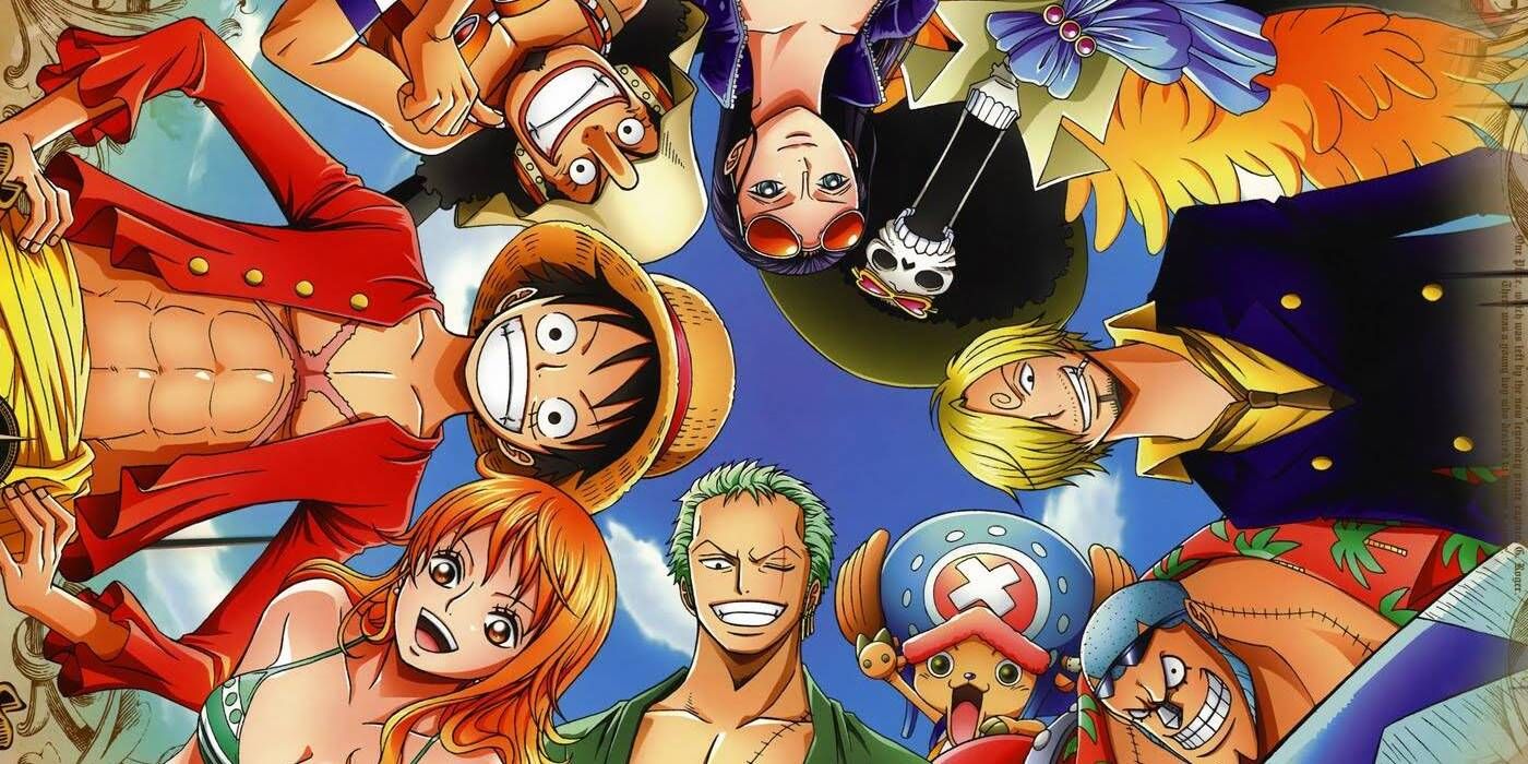 The Straw Hat Pirates looking down in a circle in One Piece.