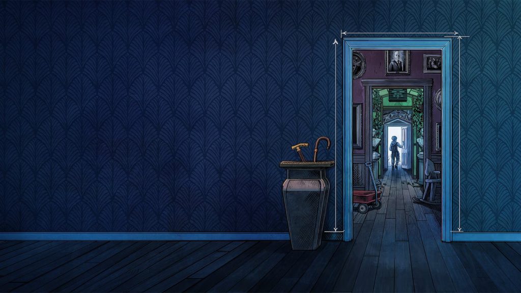 An image of a hallway connecting to a new room in the Blue Prince. 
