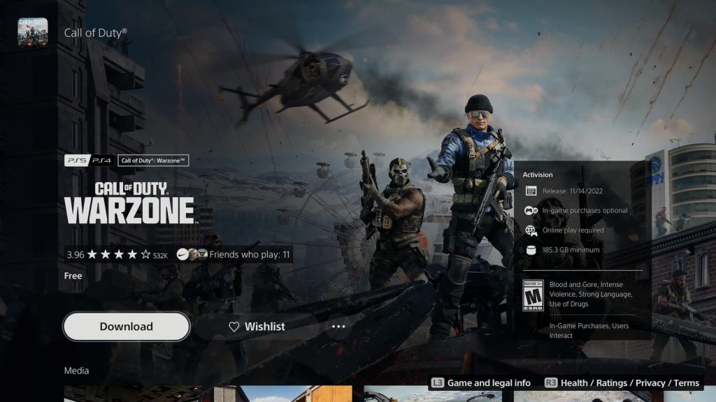Страница загрузки Call of Duty Warzone в PlayStation Store