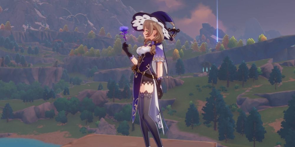 Lisa idle animation looking at flower in Genshin Impact