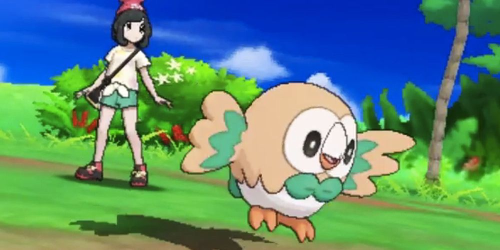 Trainer Sends Rowlet Into Battle in Pokemon Sun And Moon.